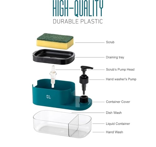 Image of 3 in 1 Soap Dispenser for Kitchen with Sponge Holder | Plastic Dish Soap Pump Dispenser with Detachable Tray | Liquid Soap Dispenser for Wash Basin Kitchen Sink Countertop Bathroom