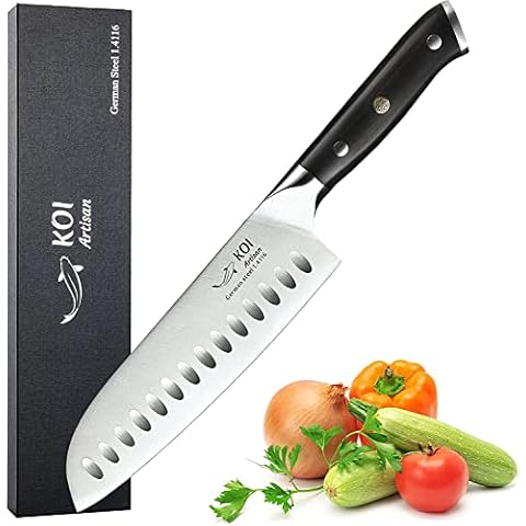 KOI ARTISAN Chefs Santoku Knife - 7 Inch Sharp Edge Chef Knifes - Full Tang Premium High Carbon Kitchen Knives - Damascus German Knives EN1. 4116 Stainless Steel - Corrosion & Stain Resistant Cover