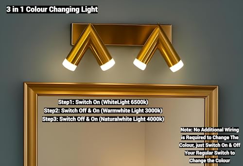 Image of FILLISKA 3 in 1 Double Wall spot /Picture /Display /Mirror Light with Adjustable Head and Colour Changing Function (Luxurious Gold-6549)(1 Year Warranty)