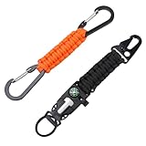 kasnow 2 Pcs Carabiner Clips Multipurpose Survival Tool Lanyard Heavy Duty Keychain with Keyring Clip Compass for Hiking Camping Water Bottle Keys Backpack Tools (Black,Orange)