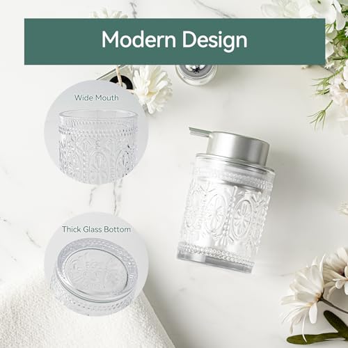 Image of Glass Foaming Soap Dispenser Set - 2 Pack Foam Hand Soap Dispenser for Bathroom, Clear Hand Wash Dispenser Bottle with Matte Silver Pump for Kitchen, 8 Oz Refillable Dish Liquid Foam Dispenser 2 Pcs