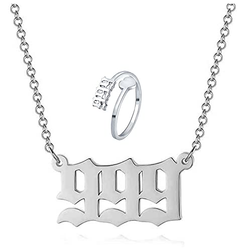 JczR.Y Angel Number Necklace Pendant Stainless Steel Lucky Number Necklace Choker 111 444 999 Number Open Rings Necklace Set for Women Girls Numerology Jewelry Birthday Gift 2Pcs