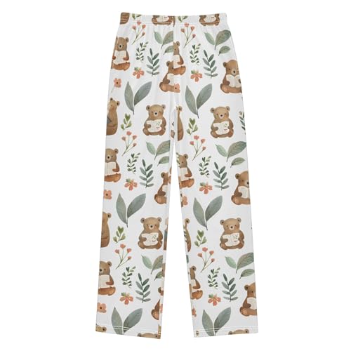 Cartoon Bears Read Book Pajama Pants Lounge Sleep Pants Elastic Waist Long Pajama Bottoms with Pockets for 6-14 Years