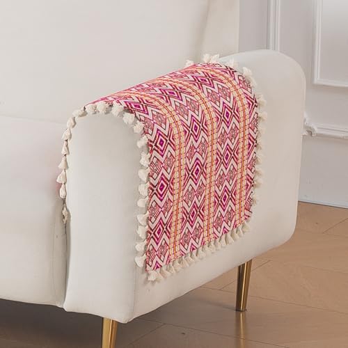 Image of HOKIPO Sofa Arm Cover with Tassel | 300 GSM Thick Cotton Acrylic Jacquard Armrest Mat, 50x70 cm, Pack of 2,'Trivana Series' Cherry Red (IN-931-J8*2)