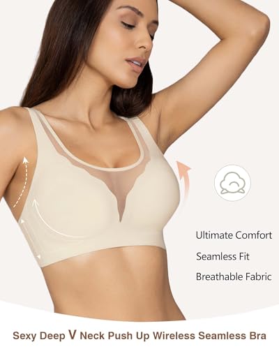 Image of Womens Wireless Bra No Underwire Seamless Push Up Bra Comfort Full Coverage Padded Soft Vneck Everyday Bralette