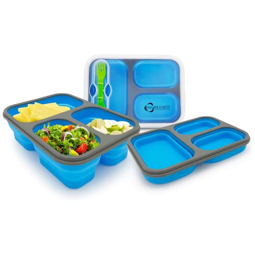 CHEESE CHOPPER Collapsible Food Storage Container for Meal Prep | 1 PCs | 3 Separate Compartments with Clip in Fork & Spoon | Microwave, Dishwasher Safe & BPA Free