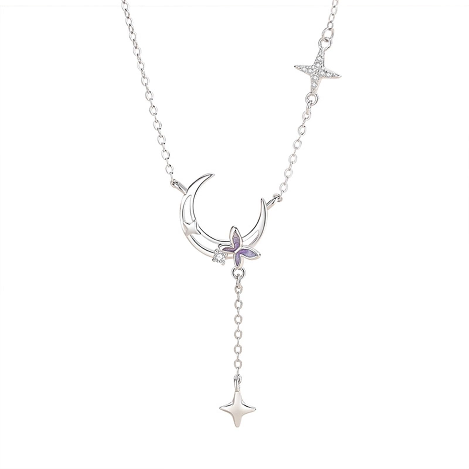 Collana Donna Matrimonio Oro Bianco 18k/14k/9k, Collana con Ciondolo Luna e Stella con Diamante Sintetico, Catena Regolabile 40+5 cm