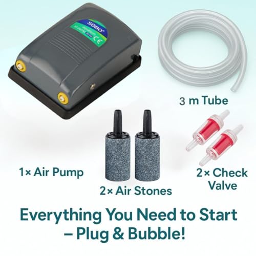 VAYINATO Sobo Sb-648 Dual Outlet Silent Aquarium Qxygen Pump With Free 3 Meter Air Tube, 2 Air Stone And 2 Check Valve|Power : 5W|Output : 2 * 4L/Min|Pressure : 2 * 0.02Mpa