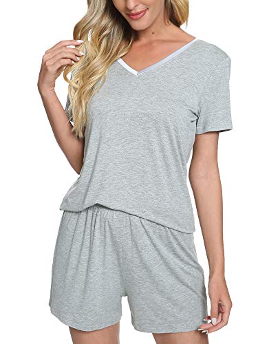 Bapooway Womens Short Sleeve V Neck Pajama Sets Shorts Sleepwear Petite Plus Size S-4Xl, Grey, X-Large #TOP1