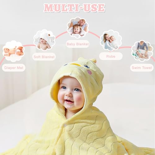 Image of Cute Animal Hooded Baby Towel Soft Coral Fleece Baby Towels with Hood Toddler Bath Towel Large 27 x 55 Inch Ultra Absorbent Hooded Bath Towels for Babies Baby Bath Towel（Yellow）