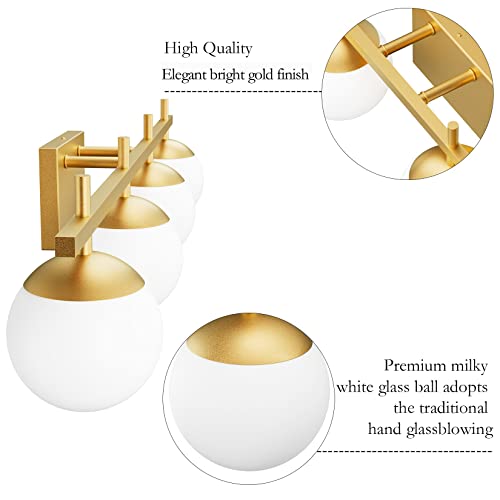 Image of Ralbay Mid Century Gold Bathroom Vanity Lights 4-Light Gold Milky Glass Modern Bathroom Lighting Fixtures Over Mirror, Gold 4-Light (Exclude Bulb)