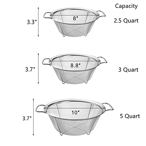 Dicunoy Set of 3 Stainless Steel Strainers and Colanders, Mesh Strainer Basket with Handle, Rice Strainer,Stackable Mesh Footed Colander for Rinse Food, Fruit, Vegetable, Strain, Drain (2.8/3.4/5.7L) - Image 3