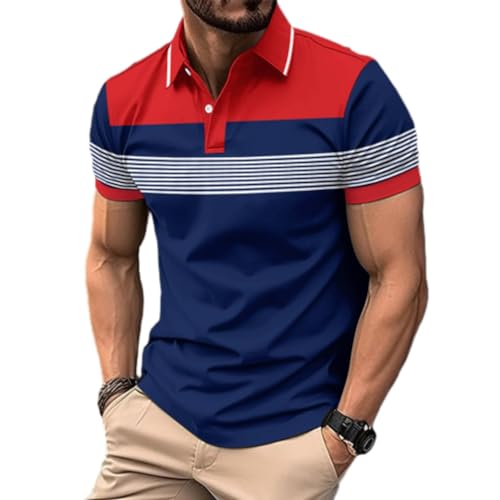 Mens Fashion Color Block Polo Shirts Casual Short Sleeve T Shirt Striped Moisture Wicking Golf Shirts Tops