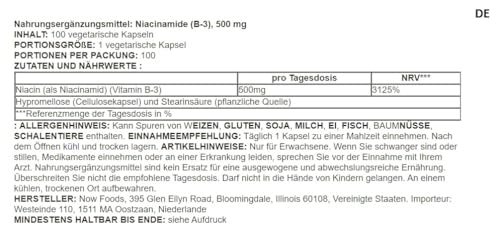 Now Foods - Niacinamide 500mg | Niacinamide hautement dosé pour la santé de la peau et des cellules - 100 capsules – Image 3