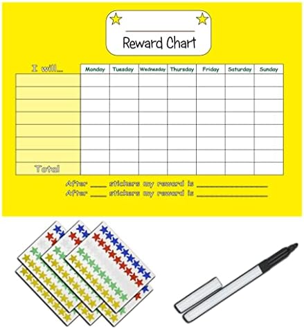 kids2learn Children's Re-usable Blue Pink Reward Chart and Reward Star Stickers - Good Behaviour, Daily Chores, Routine Board, Bedtime Routine (BLUE)