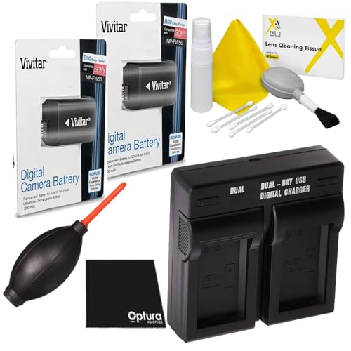 Super Hi Capacity 2-Pcs NP-FW50 Li-Ion Battery with Dual Charger for Sony NEX-3 NEX-3N NEX-F3 NEX-5 NEX-5T NEX-5N NEX-5R NEX-6 NEX-7 A7r A7+Essential Cleaning kit+Dust Blower+OPTURA Microfiber Cloth
