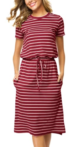 Image of Simier Fariry Womens Summer Hide Belly Knee Length Travel Dress Pocket Short Sleeve Midi Work Casual Outfits