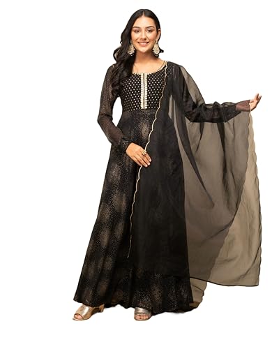 Image of FIORRA Women's Fit And Flare Floor Length Georgette Printed Gown With Dupatta