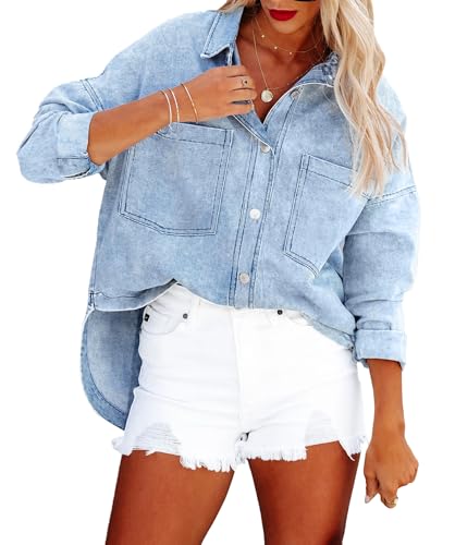 cffvdiz Women's Long Sleeve Denim Jacket Washed Distressed Loose Mid-Length