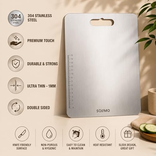 Image of Amazon Brand - Solimo Regular Chopping Slicing, Kneading Board | Stainless Steel | Double Sided | Round Edge | for Vegetables, Fruits (M)