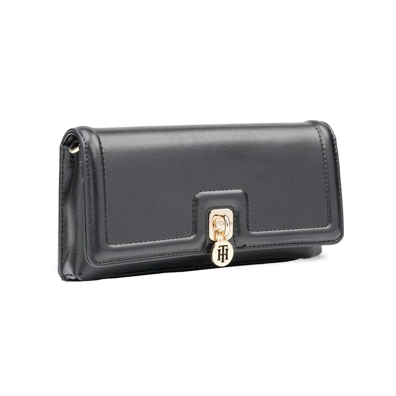 Image of Tommy Hilfiger Women's Flap Wallet with Detachable Sling Lumiere - Black | PU Solid Finish | | No. of Compartment - 2 | Stylish Clutch for Women