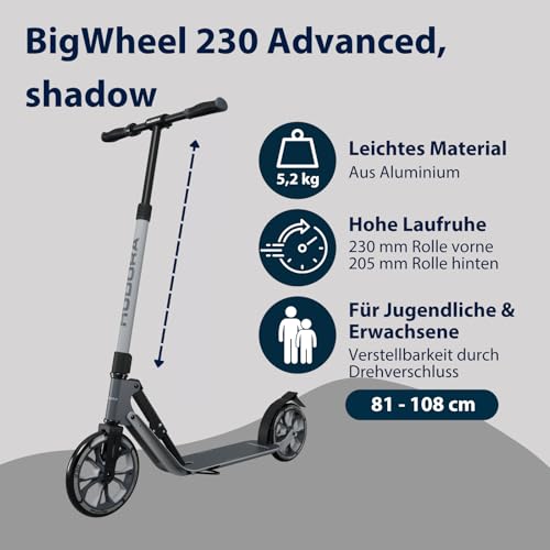 HUDORA BigWheel 230 Advanced Scooter - Stabiler Aluminium-Roller bis zu 120kg - Leiser & zusammenklappbarer Cityroller mit St&auml;nder & Klingel - Kick-Scooter f&uuml;r Kinder/Jugendliche & Erwachsene - shadow