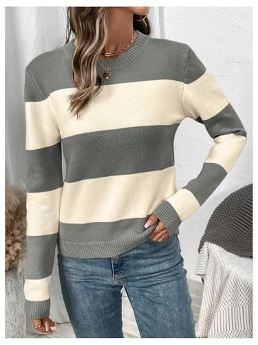 Verdusa Women's Colorblock Striped Sweater Crew Neck Pullover Knit Tops Daily Fall Clothes4