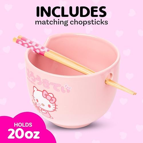 Hello Kitty Strawberry Milk Ceramic Ramen Bowl with Chopsticks, 20oz, Pink