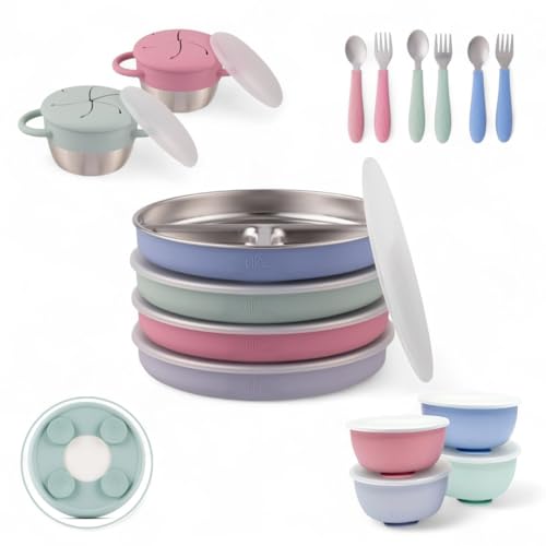 Image of Elk and Friends Kids Stainless Steel Mealtime Bundle | Plates, Bowls, Snack Cups + Toddler Utensils | Silicone Suction Sleeves + Travel Storage Lids | Meals + Snacks | Dishwasher Safe