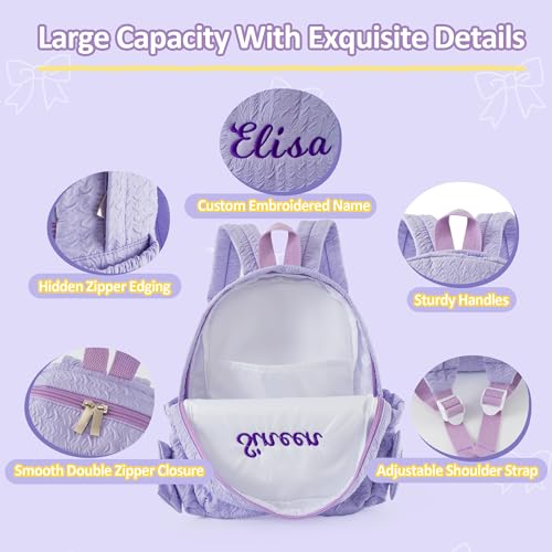 Image of Small Daycare Backpack Personalized Seersucker Backpack with Embroidered Name Cute Purple Backpacks with Bow Custom Embroidery Bags for weeekender Personalized Gifts (Purple Small Bowknot)