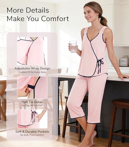 Image of NACHILA Pajamas Set for Women-Viscose Made from Bamboo, Sleeveless Pjs Cool V Neck Sleepwear Soft Capri Pants Pajama Sets