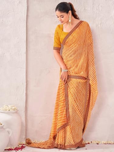 Image of SIRIL Women's Georgette Leheriya Printed Embroidery Lace Boarder Saree With Unstitched Blouse Piece