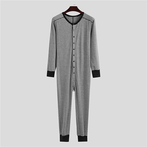 Men’S One Piece Pajamas Long Sleeve Comfy Jumpsuit Stripped Henley Button Onesie Romper Lounge Sleepwear Garment2