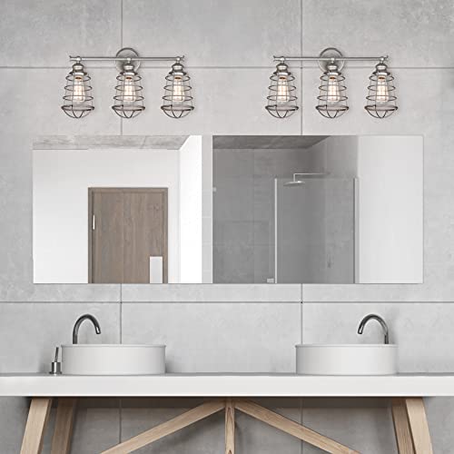 Image of Design House 519728 Ajax Industrial Modern 3-Light Indoor Bathroom Vanity Light with Metal Wire Cage Over the Mirror, Galvanized Steel