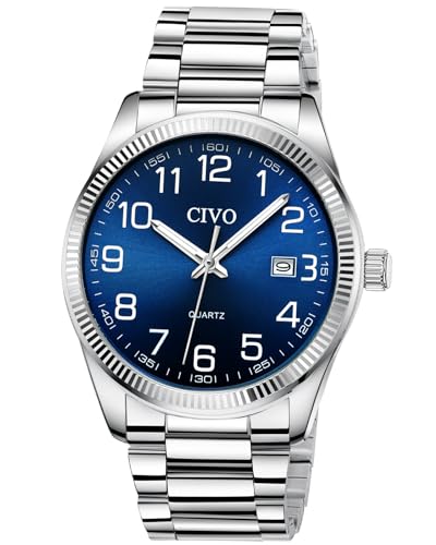 CIVO Silber Herrenuhr Leicht Lesbar: Edelstahl Analog Großes Zifferblatt Blau Wasserdicht - Geschenk für Senioren mit Sehschwäche