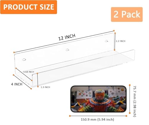 Image of Acrylic Floating Wall Shelves, 15 x 4 x 2.5 in, Clear, Set of 2, Modern Wall Mount Display Shelf (Clear, 12 in, 2)