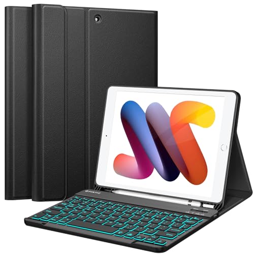 FINTIE Backlit Keyboard Case for iPad 9th / 8th / 7th Generation (2021/2020/2019) 10.2 Inch, Soft TPU Back Cover with 7 Colors Backlight Magnetically Detachable Bluetooth Keyboard, Black