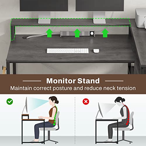 Image of SEDETA L Shaped Gaming Desk, 59 inch Home Office Desk with Drawers, Gaming Desk with LED Lights, Corner Desk with Headphone Hook and Monitor Shelf, Grey