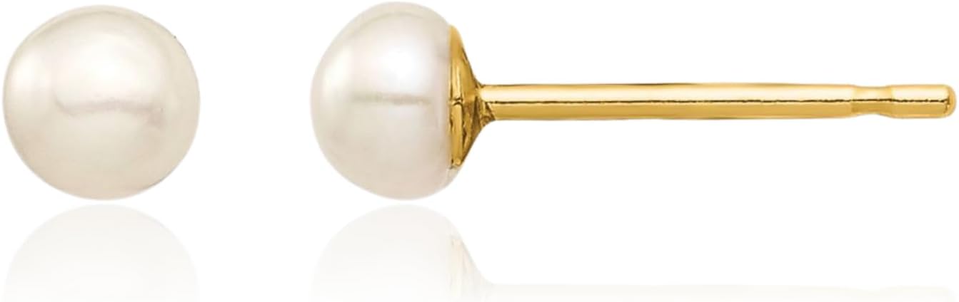 IceCarats 14K Solid Yellow Gold 3mm Freshwater Pearl Small Stud Earrings Prong Set, Butterfly Back For Her