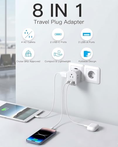 Image of European Travel Plug Adapter, Foldable Type C Adapter for US to Most Europe | HANYCONY International Power Adapter 4 Outlets 4 USB C Ports (2 USB C), EU Italy Spain Greece Portugal France Germany Holland