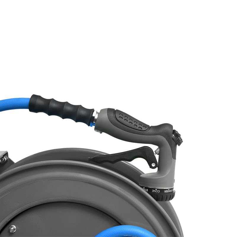 Image of Zephyr Auto-Retractable Garden Hose Reel | Heavy-Duty | Made in India | w / 3 /4in x 50ft Zephyr Hose and HD Spray Gun - Grey