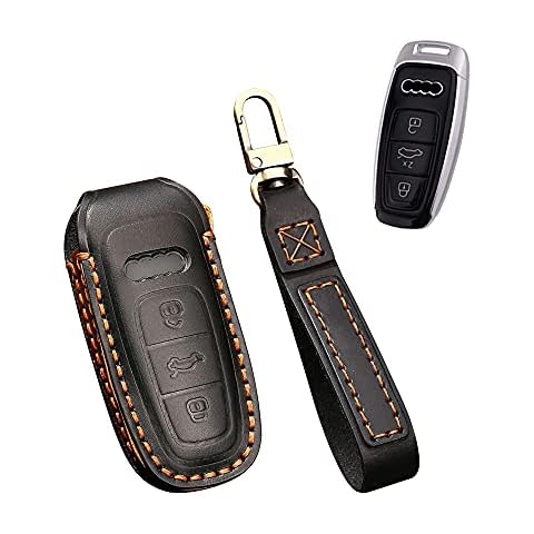 HIBEYO Smart Car Key Case Fits Audi Leather Protective Case with Key Fob Key Box Key Cover for Audi A6L A6 A7 A8 Q7 Q8 SQ8 RS5 E-Tron Remote Key Black Cover