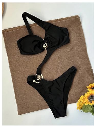 SHENHE Women's Sexy One Piece Bathing Suit One Shoulder Ruched Metal Ring Cut Out Monokini Swimsuit3