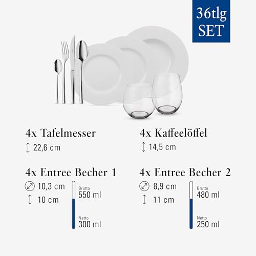 Villeroy & Boch Wonderful World White 4 Friends Table Set for up to 4 People, 36 Pieces, Premium Porcelain/Crystal Glass/Stainless Steel