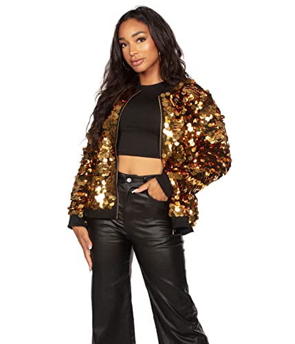 LIUMILAC Vrouwen Sparkle Pailletten Top Lange Mouwen Geplooide Party Club Blouse, Licht Goud, L