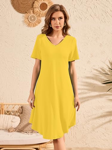 Image of DEARCASE Summer Dresses for Women V-Neck Short Sleeve T Shirt Dress Casual Flowy Swing Beach Vacation Mini Sundress