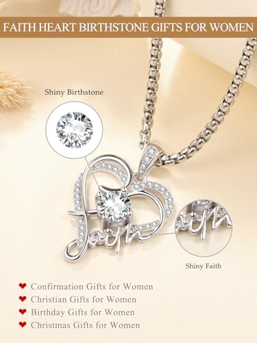Faith Heart Necklace Gifts for Women - White Gold Birthstone Necklace, Wedding Anniversary Birthday Gifts for Her Wife Mom Daughter Grandma Sister3