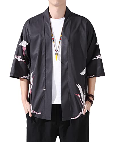 PRIJOUHE Men's Kimono Cardigan Jacket Japanese Style Flying Crane Seven Sleeves Open Front Coat