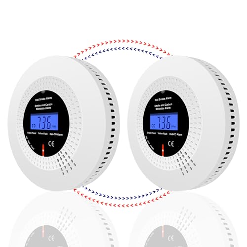 iMeistek Wireless Interlinked Smoke and Carbon Monoxide Alarms for Home, Combination Smoke and CO Alarm Detector with LCD Display,10-Year Lifespan, Replaceable Battery,2PCS