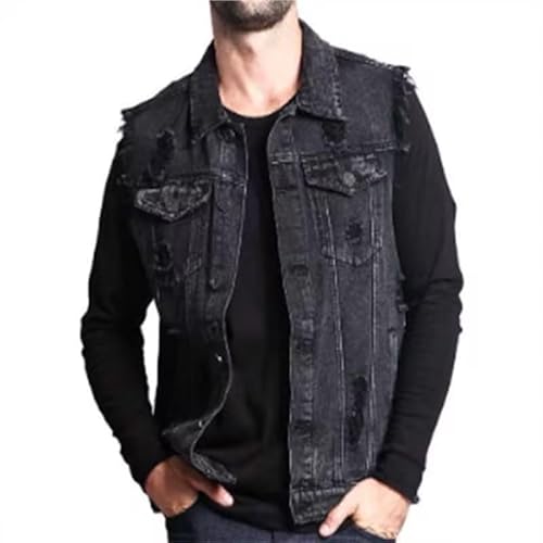 Men's Denim Vest Jacket, Lapel Collar Ripped Cowboy Vest, Cl